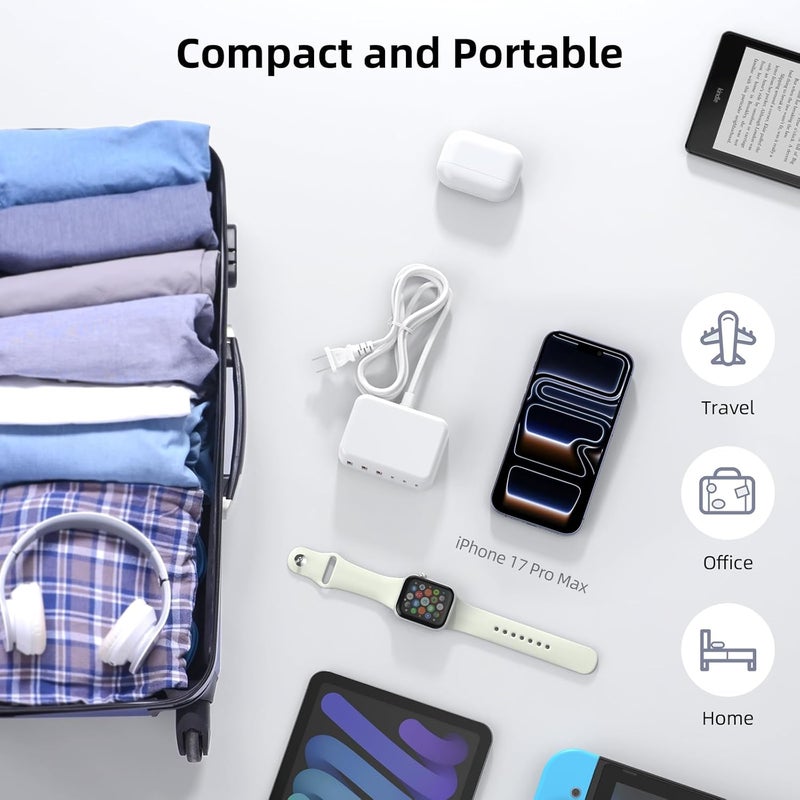 BOVICAS محول شاحن USB C، 100 واط GaN 6 منافذ PD USB C QC USB A محول حائط مربع، محطة شحن فائقة السرعة من نوع C لجهاز iPhone 17 16 15 14 13 Pro Max iPad Samsung Pixel 5 أقدام كابل تمديد - Image 5
